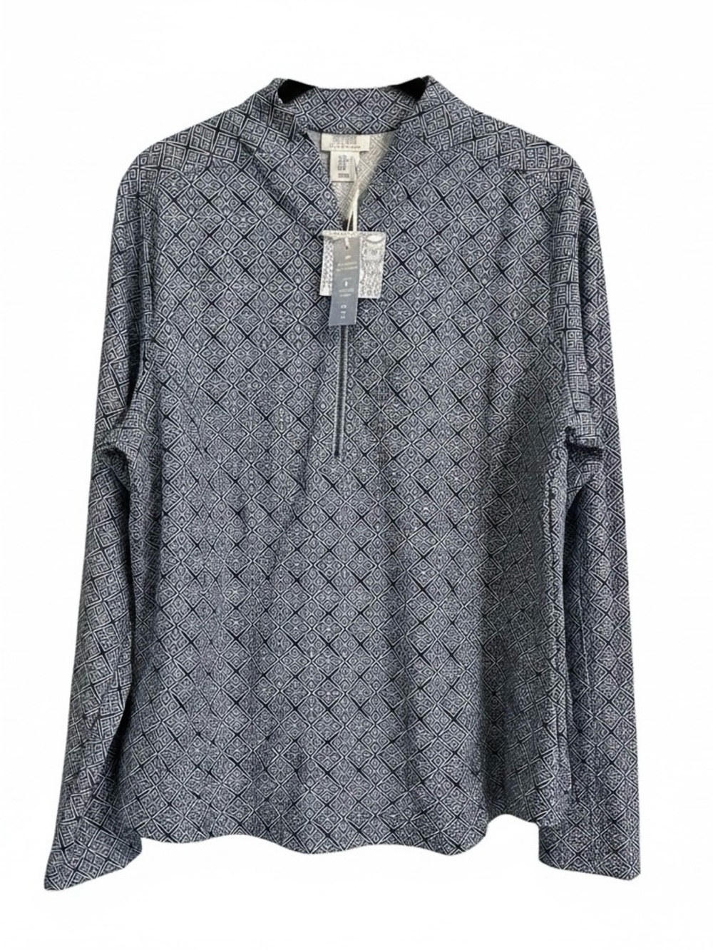 NWT Sigrid Olsen Blue/White Geometric Quarter-Zip Ling Sleeve Pullover UPF50 XL